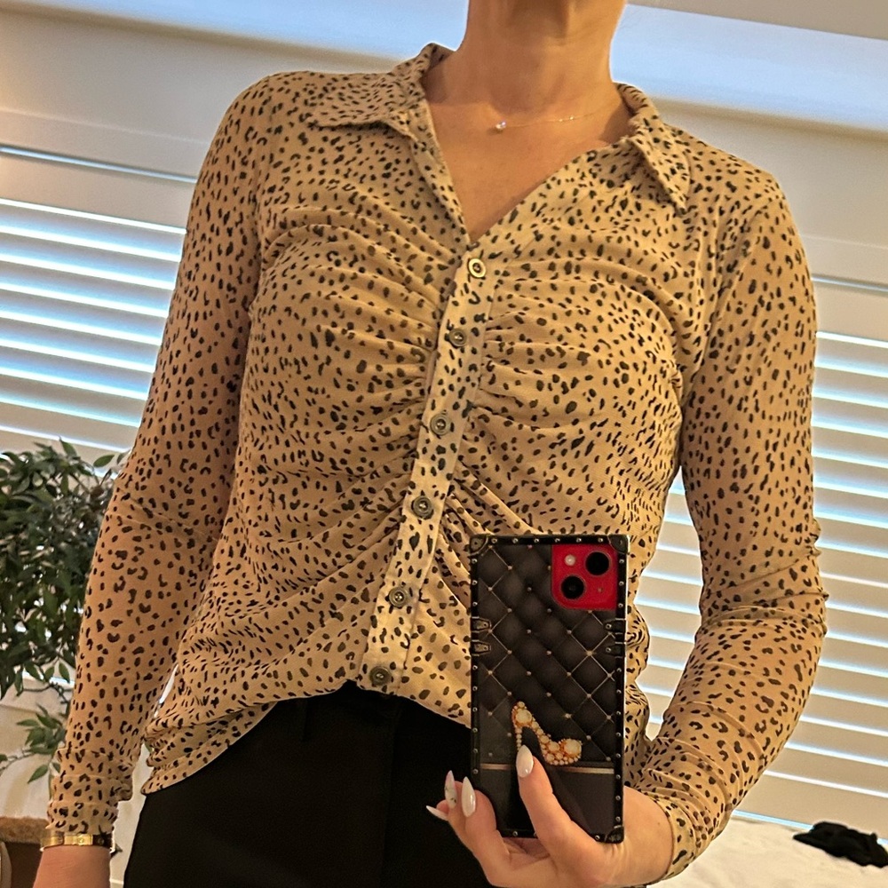 Jane and Delancey Tan and Black Leopard Print Blouse